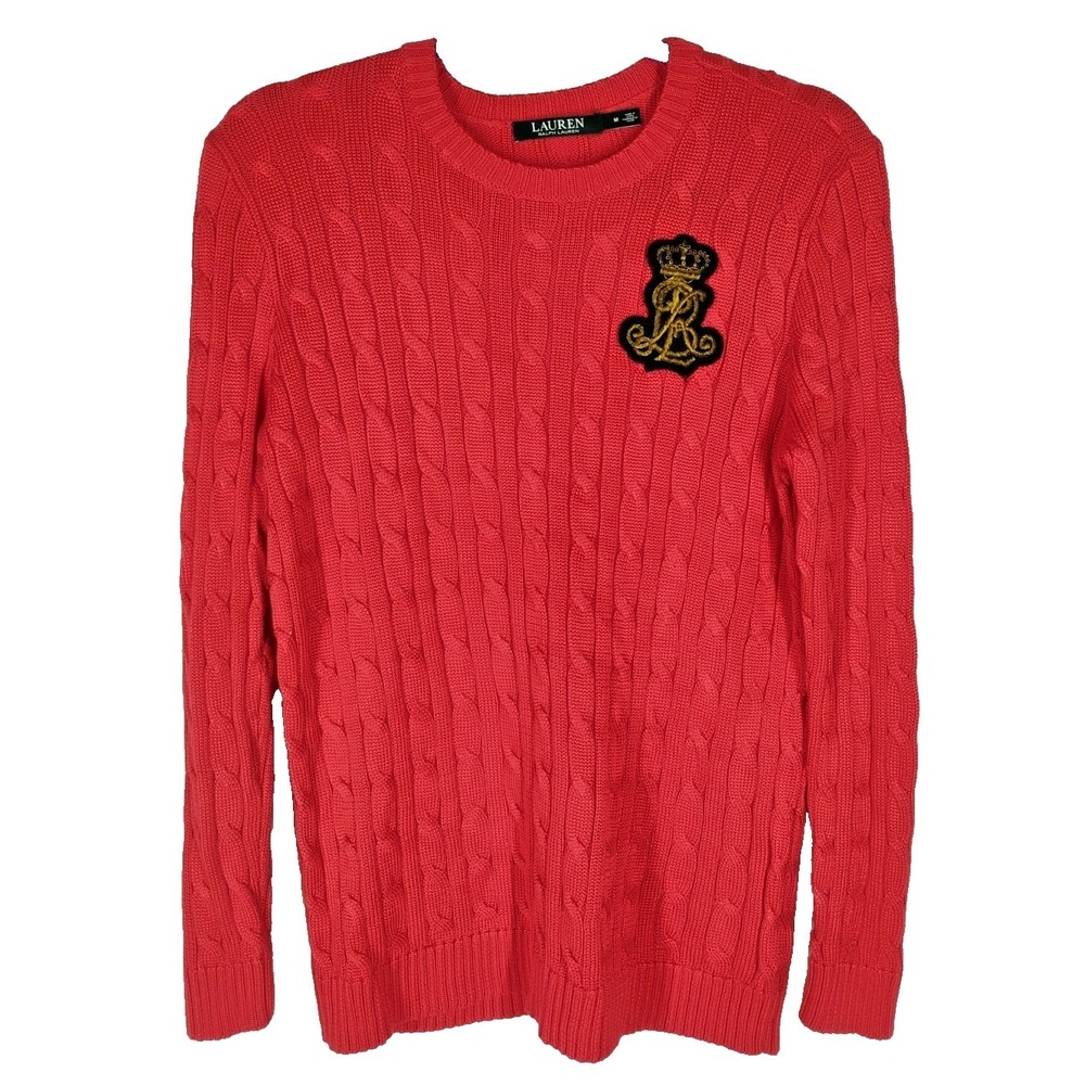 Lauren Ralph Lauren Womens Medium Red Cable Knit Sweater Fancy‎ Logo